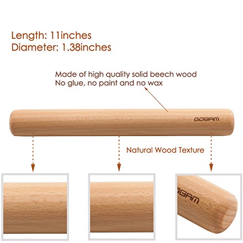 GOBAM Wood Rolling Pin, Small - Dough Roller for Pasta, Cookies, Pie, Pizza, Chapati, Fondant, Rolling Pins for Baking, Bread Making Tools and Supplies - 11 x 1.38 Inches