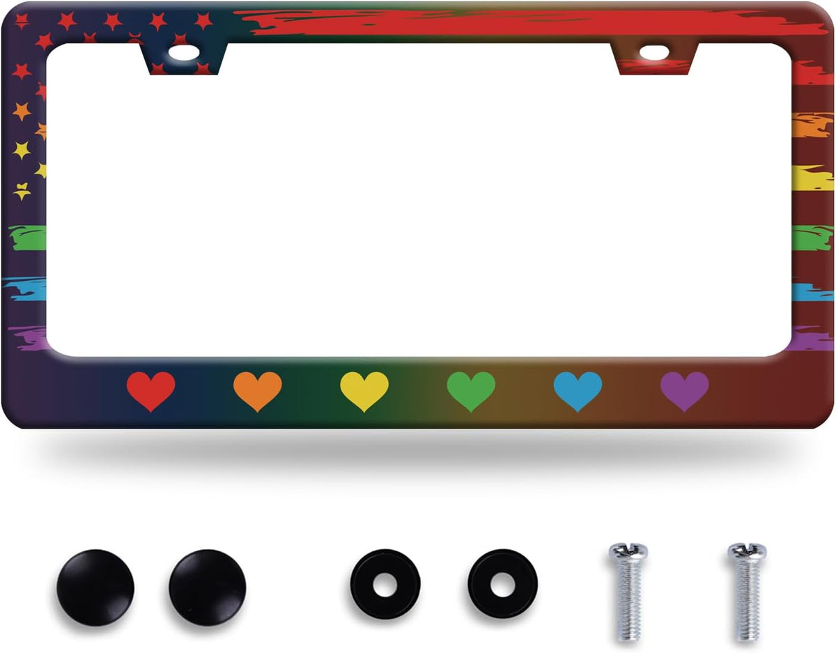 Rainbow Heart License Plate Frame Gay Pride LGBT License Plate Frames Stainless Steel Accessories Cars Decor with 2 Holes and Screws Fits Standard US CA Vehicles Size 12.2 x 6 Inches