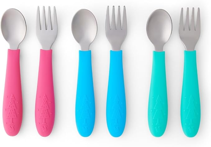 Elk and Friends Kids Silverware with Silicone Handle | Childrens Safe Flatware | Toddler Utensils | Baby Spoons + Forks | Stainless Steel Cutlery | Dishwasher Safe | 6 Pieces