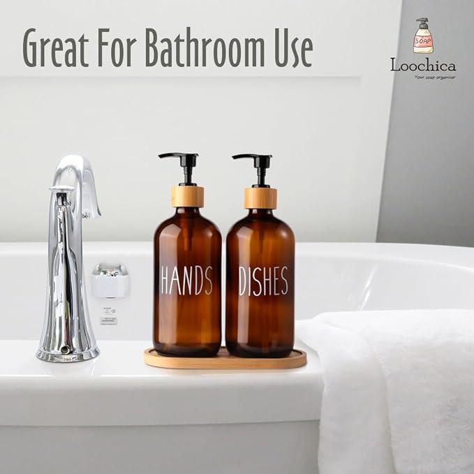 LOOCHICA Amber Glass Soap Dispenser Set with Tray, Amber Dish and Hand Soap Dispenser Set, Refillable Reusable Apothecary Soap Pump Dispenser Bottles for Bathroom and Kitchen