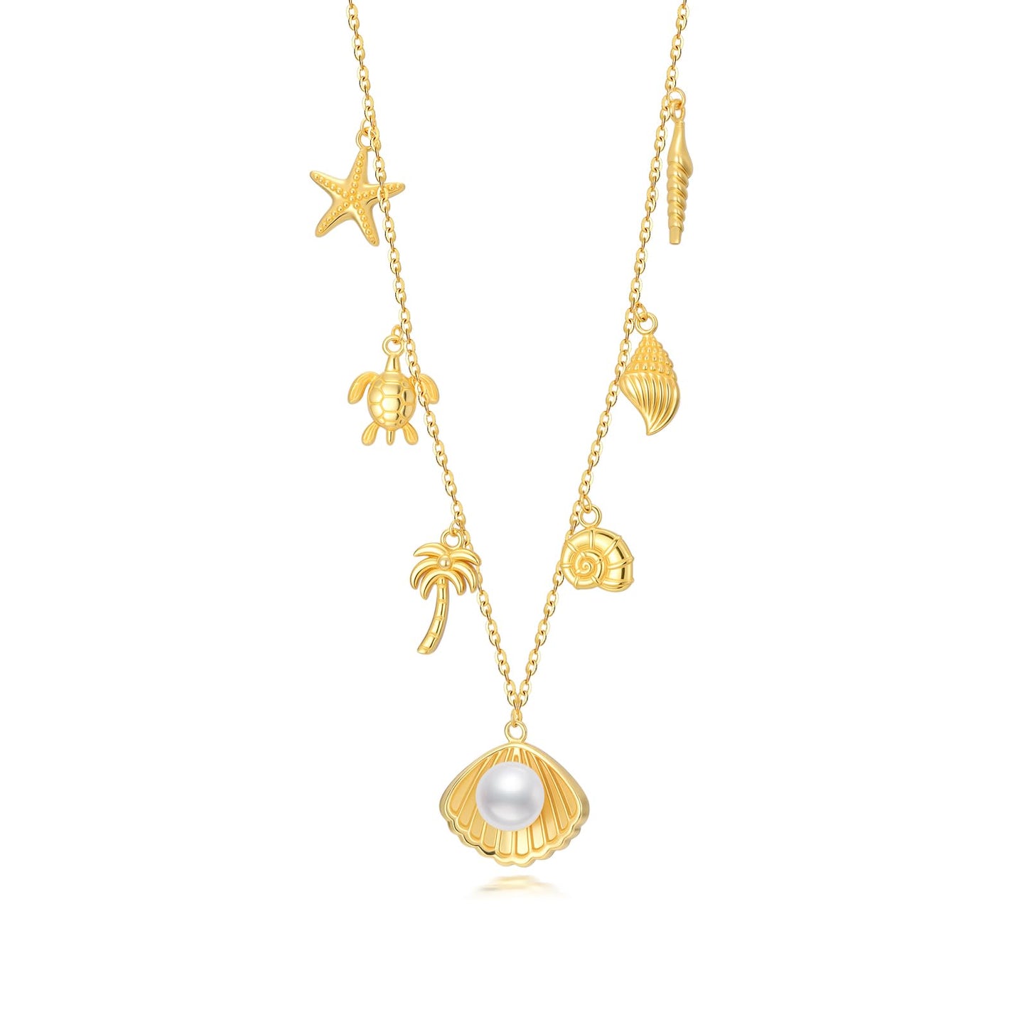Real Pearl Beach Necklace for Women 18K Gold Plated Starfish Conch SeaShell Pendant Summer Beach Vacation Jewelry Gift for Birthday