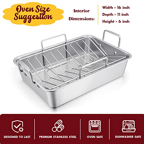 E-far 14 x 10.6 Inch Roasting Pan, Stainless Steel Turkey Roaster with V Rack & Baking Rack Set, Small Heavy Duty Deep Broiling Pan for Oven Cooking Lasagna Meat Chicken - Dishwasher Safe