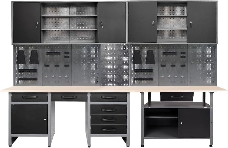JZD Metal Storage Organization System, Wall Mount Tool Cabinets, Wood Tabletop, for Garage Basement