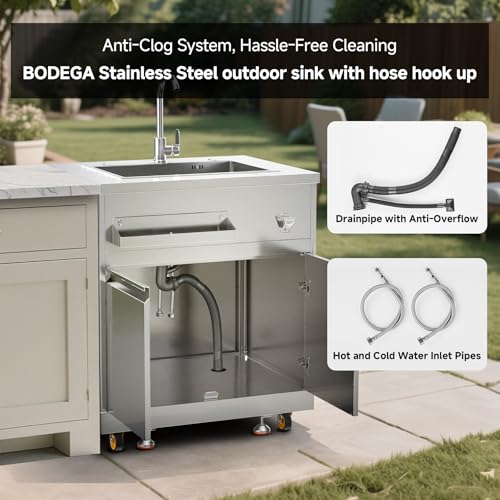 BODEGA Stainless Steel Outdoor Kitchen Sink Cabinet, Outdoor Sink With Hose Hook Up,Single Bowl Kitchen Sinks With Brake Wheels & Spice Rac, All-Weather Use, Mobile Prep Station for BBQ, Camping, RV.