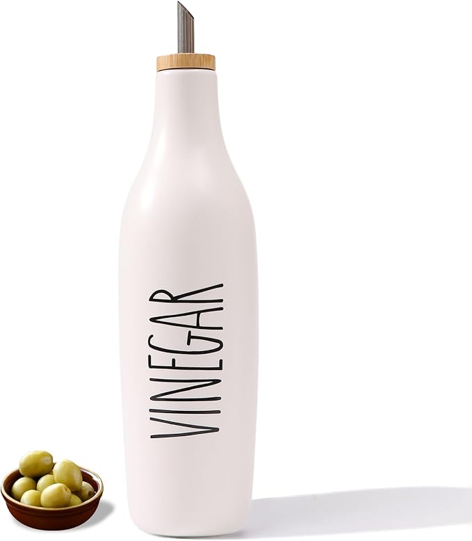 HOMCDALY Ceramic Olive Oil Dispenser for Kitchen, Stoneware 16oz Oil and Vinegar Bottles Dispenser, Kitchen Dispenser Bottle for EVOO Vinegar Syrups, Modern Farmhouse Design(W-V)