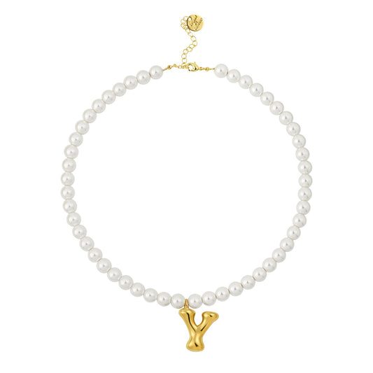 DoDoBeads Pearl Initial Necklace, 18K Gold Plated Stainless Steel Balloon Letter Pendant Y, Non-Tarnish Waterproof Chunky Monogram Jewelry Gifts for Women Teens