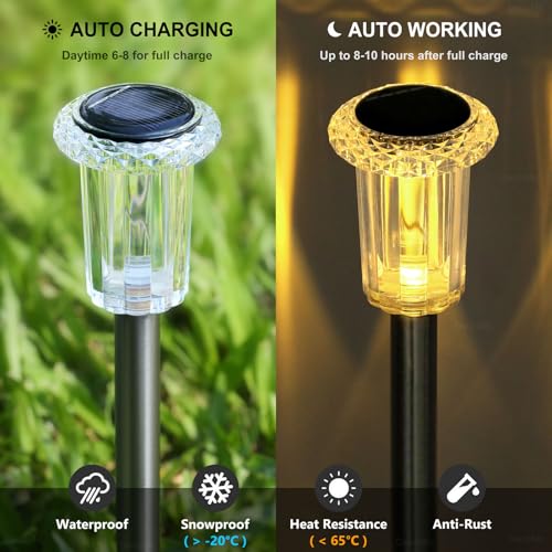 DenicMic Solar Lights Outdoor 10 Pack Waterproof 3000K Warm White LED Stainless Steel Stake Outside Lights for Yard Pathway Garden Driveway Walkway Landscape Path Lighting