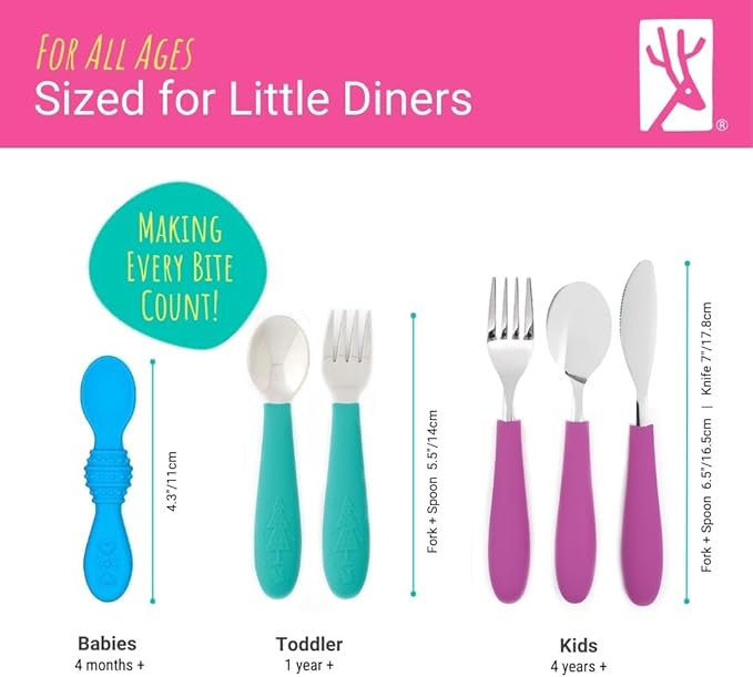 Elk and Friends Kids Silverware with Silicone Handle | Childrens Safe Flatware | Toddler Utensils | Baby Spoons + Forks | Stainless Steel Cutlery | Dishwasher Safe | 6 Pieces