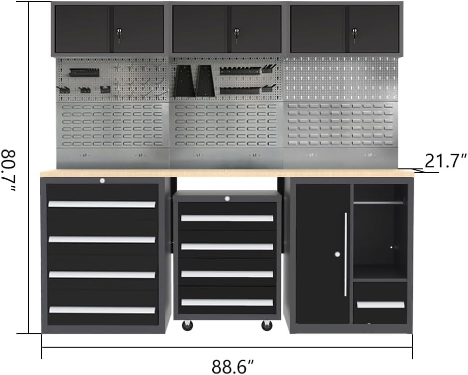 JZD Garage Storage Workbench Cabinet Set System, Heavy Duty, Tool Cabinets with Drawers & Rolling Chest, Wall Mounting Not Necessary