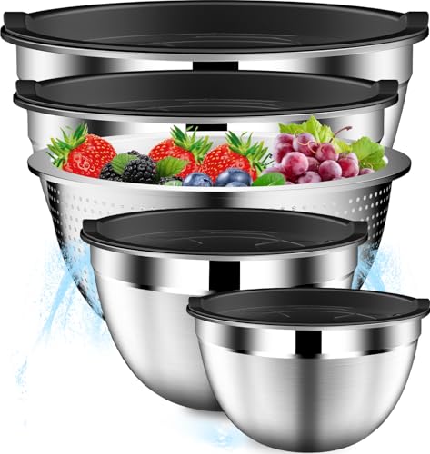 DUTZUN Mixing Bowls with Lids Set, Stainless Steel Mixing Bowls with Colander, Strainer with Mixing Bowl Set, Serving Bowl Kitchen Gift, Size 4.5, 2.5, 2, 1.5QT - Black