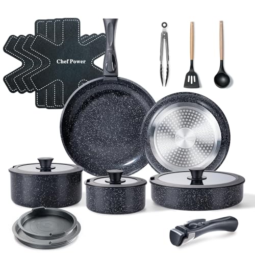 Chef Power Ceramic Nonstick Cookware Set 19 Piece with Detachable Handle, Induction Dishwasher Oven Safe Pans and Pots Set, RV Kitchen Set Removable Handle, Rock Stone Black