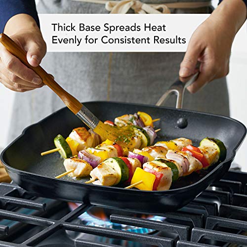 KitchenAid Hard Anodized Induction Nonstick Square Grill Pan/Griddle with Pouring Spouts, 11.25 Inch, Matte Black