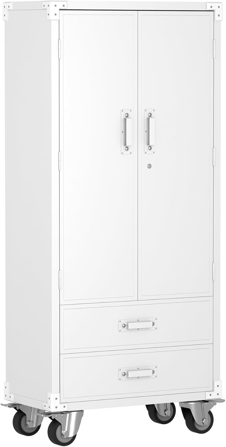 Rolling Storage Cabinet with 2 Doors and 2 Drawers, Heavy Duty Metal Storage Cabinet with Shelves, Locking Steel Cabinet for Warehouse, Home, Office (White)