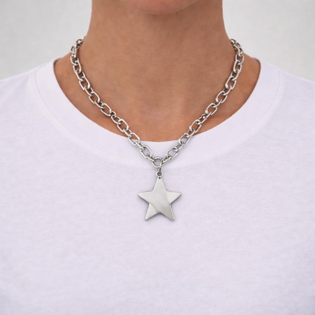 HIHETE Big Star Spiral Necklace Gothic Chunky Pentagram Vortex Pendent Choker, Starfish Seashell Pendant Necklace for Women, Trendy Vacation Star Jewelry Gift (Silver-A)