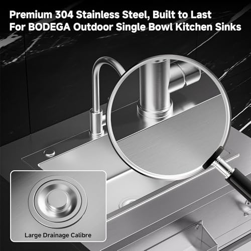 BODEGA Stainless Steel Outdoor Kitchen Sink Cabinet, Outdoor Sink With Hose Hook Up,Single Bowl Kitchen Sinks With Brake Wheels & Spice Rac, All-Weather Use, Mobile Prep Station for BBQ, Camping, RV.