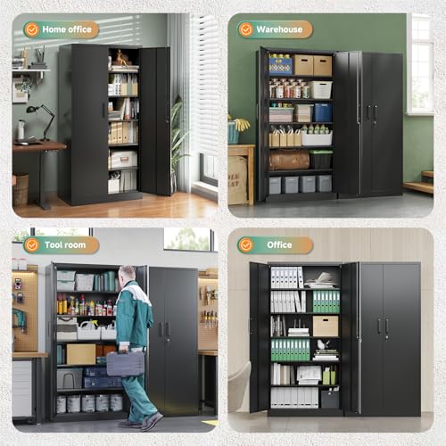 Letaya Metal Storage Cabinets with Lock Doors,Tall Locker Organizer Steel Garage Cabinets, 5 Adjustable Layers Shelves for Home, Office, Warehouse,Tool,Industrial(Black)