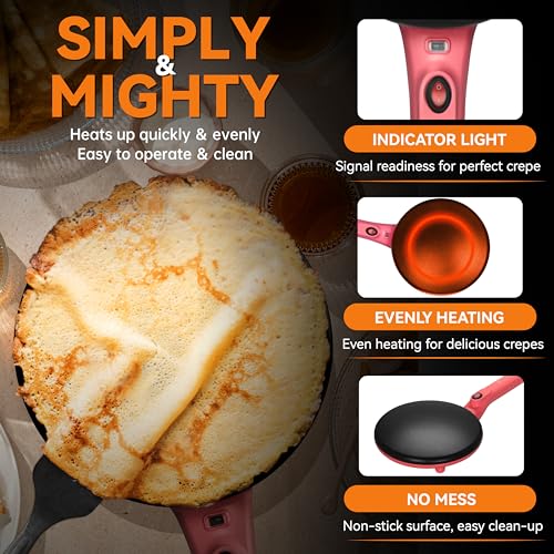Baker's Friend Instant Crepe Maker with Handle, Electric Crepe Maker Machine, Crepera Electrica, 8 Inch Non-stick Cooking Surface, Raspberry Red