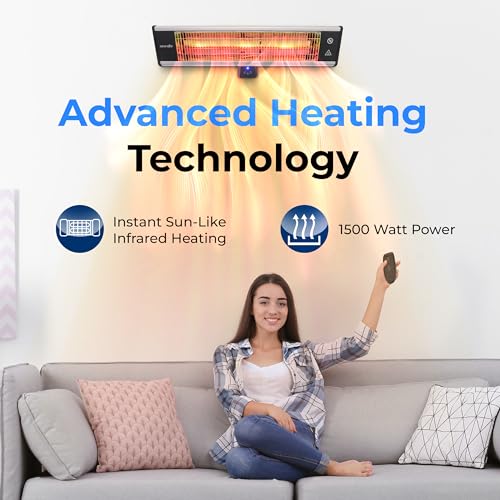 SereneLife Infrared Patio Heater, Wall-Mounted Electric Heater with Remote Control, 1500W, IP65 Approved, Odorless, Indoor/Outdoor for Patio, Restaurant, Backyard, Garage, Decks