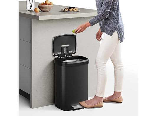 Garvee 13 Gal / 50L Large Plastic Trash Can for Kitchen, Step-On with Soft Close Lid, Liner Rim, Rustproof Garbage Bin, Rear Handle, Matte Black