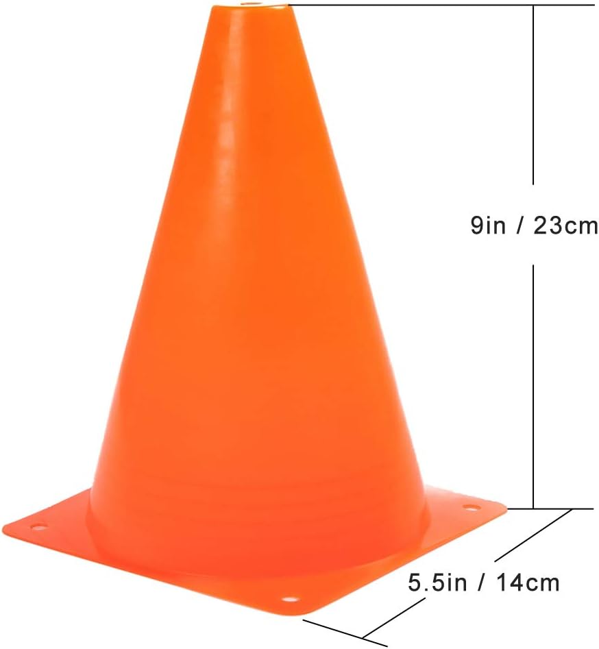 9 Inch Plastic Training Traffic Cones, Sport Cones, Agility Field Marker Cones for Soccer Basketball Football Drills Training, Outdoor Activity or Events - (Set of 10, 12, 15 or 24, 4 Colors)