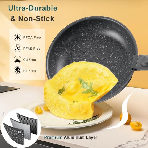 NEWBULIG 12-Piece Nonstick Kitchen Cookware Set, Pots and Pans with Detachable Handle, Induction Compatible, Dishwasher & Oven Safe, Space-Saving, Black