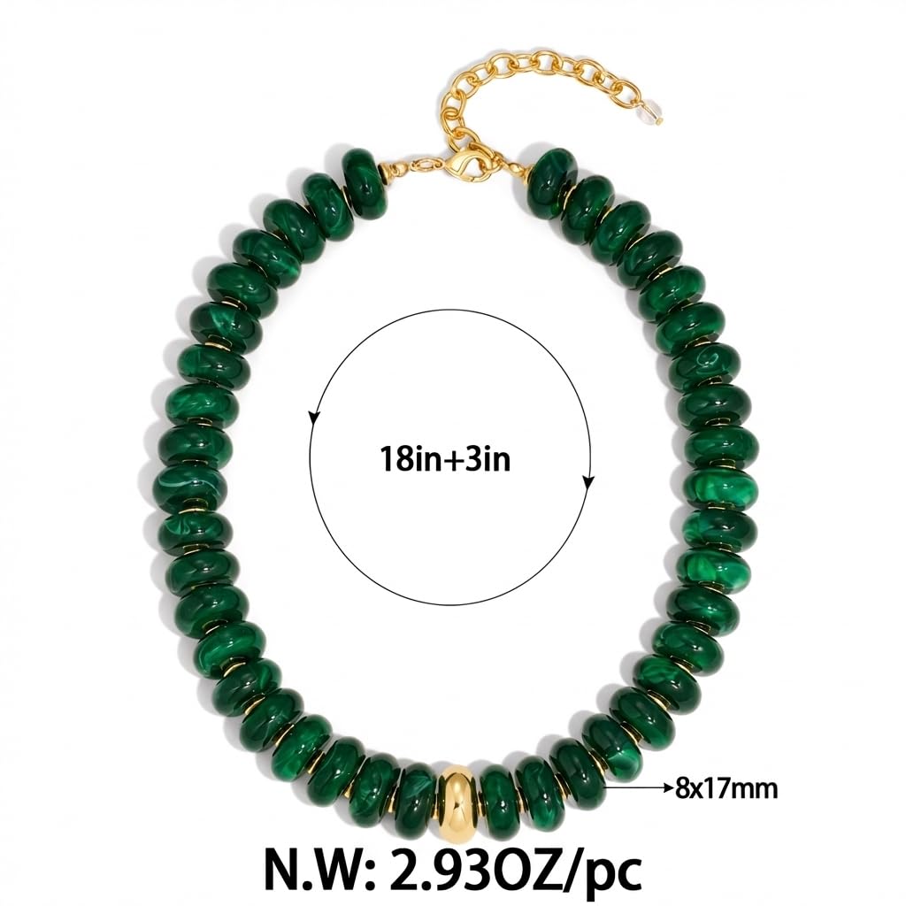 FAUTHENTICUTE Emerald Green Beaded Statement Necklace for Women Dark Green Acrylic Resin Bead Strand Necklace With Gold Accent Trendy Beach Choker Perfect Summer Jewelry Mothers Day Gifts