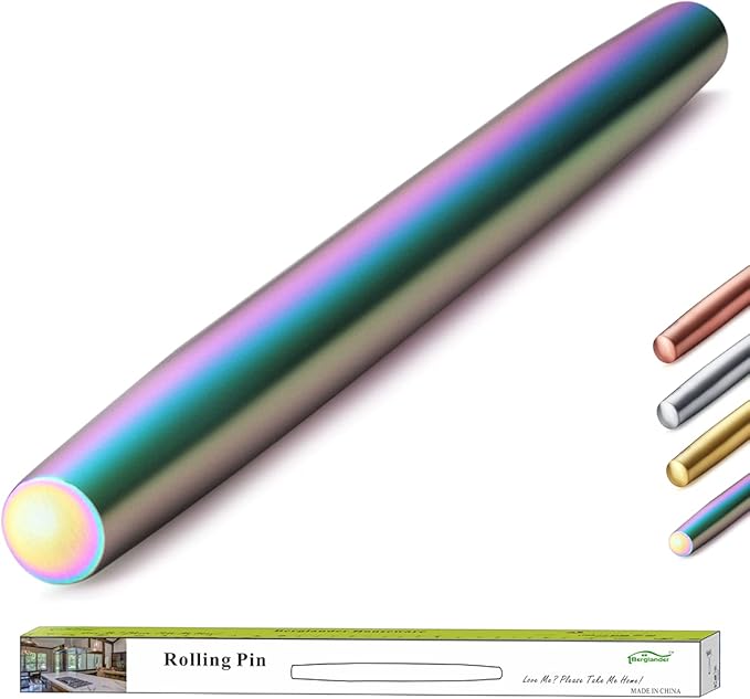 Berglander Rainbow Rolling Pin, 16.7 Inches Stainless Steel Colorful Matte Finish With Rainbow Titanium Plating Rolling Pin For Baking Pizza Dough, Pie, Cookie, Gift Ideas For Bakers.