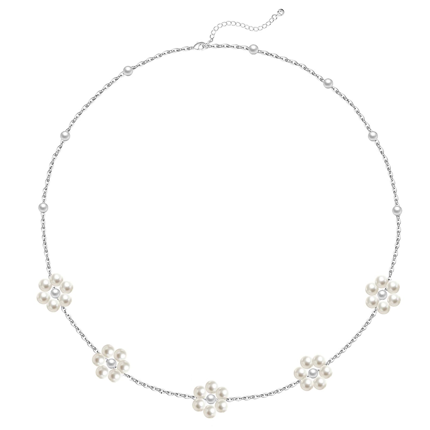 OGD Silver Pearl Necklaces 925 Silver Plated Dainty Chain Cute Daisy Pearl Choker Necklace Flower Necklaces for Women Trendy Jewelry Gifts