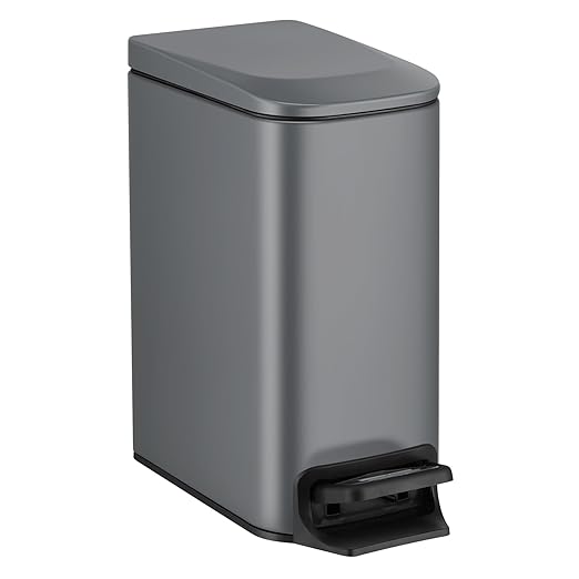 TIPGO Slim Bathroom Trash Can with Lid Soft Close, 6 Liter / 1.6 Gallon Stainless Steel Garbage Can with Removable Inner Bucket, Step Pedal, Small Trash Cans for Bedroom, Office, Kitchen (Grey)