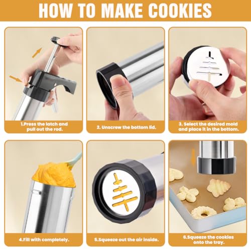 Stainless Steel Cookie Press Gun Kit with 13 Discs & 8 Tips for Baking, DIY Spritz Cookies, Biscuits & Cake Decorating Supplies
