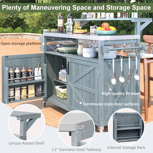 Merax 53.3" Outdoor Kitchen Island with Raised Shelf, Solid Wood Storage Cabinet with Stainless Steel Top, Rolling Grill Cart, Adjustable Shelf, Grey Blue