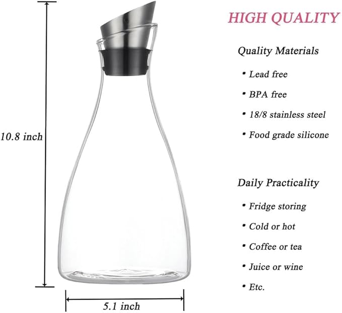 50 Ounces Borosilicate Glass Carafe with Lid, Glass Pitcher for Hot/Cold Water, Ice Tea and Lemonade Beverage