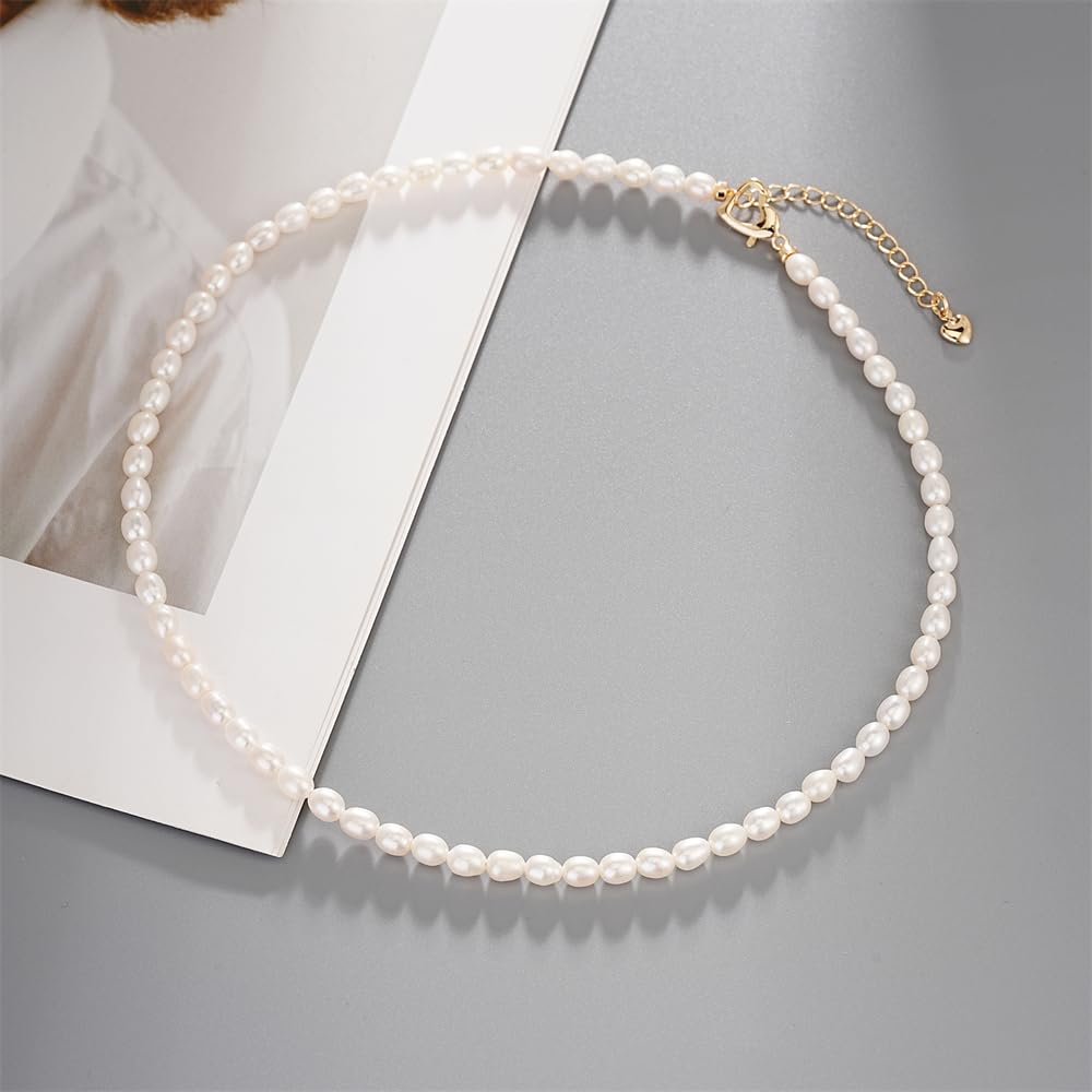 JaruJaru 4mm Handmade Rice Pearl Necklace for Women, Small Oval Freshwater Pearl Strand, Essential Minimalist Jewelry, 16-18 Inch Adjustable