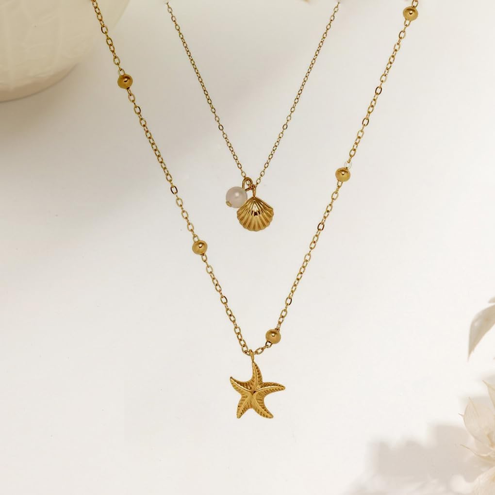 FUTIMELY Gold Shell Necklace Set,Boho Small Seashell Stacked Necklace for Women,Trendy Starfish Pendant Necklaces Beach Jewelry (Gold)