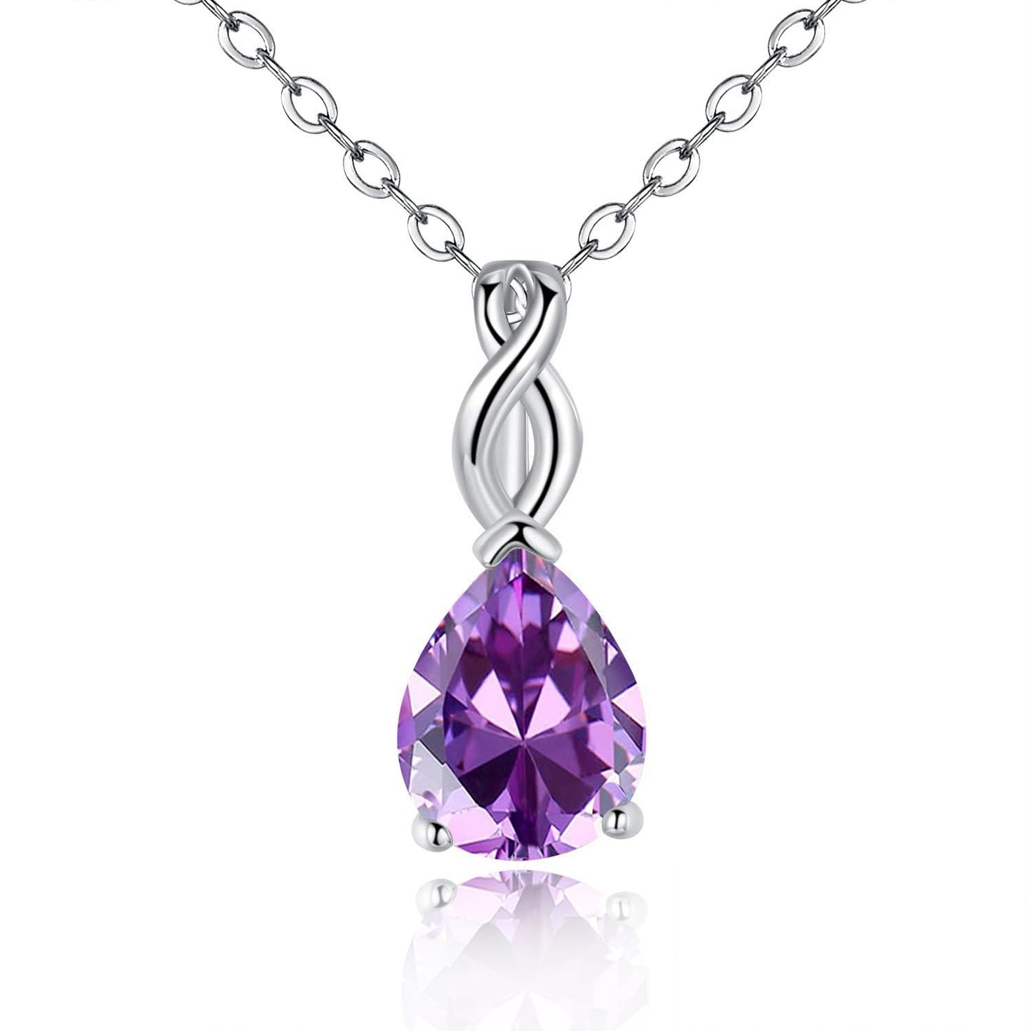 VOLUKA Teardrop Crystal Pendant Necklace, Created Purple Amethyst, 18K White Gold Plated Chain, 17.5+2 Inch Adjustable, 8x10mm Pear Stone