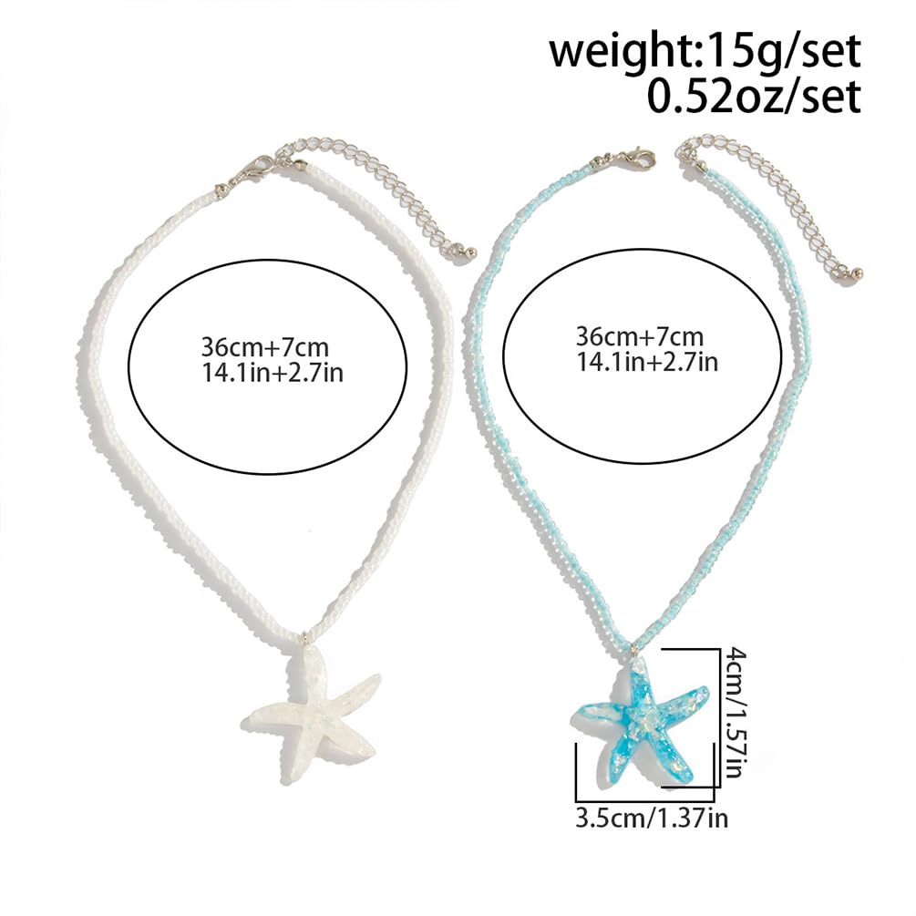 Douxsu 2Pcs Layered Boho White Blue Starfish Necklace for Women, Delicate Sea Star Pendant Hawaiian Small Beaded Chain Necklace Y2k Beach Ocean Beachy Jewelry (White-Blue)