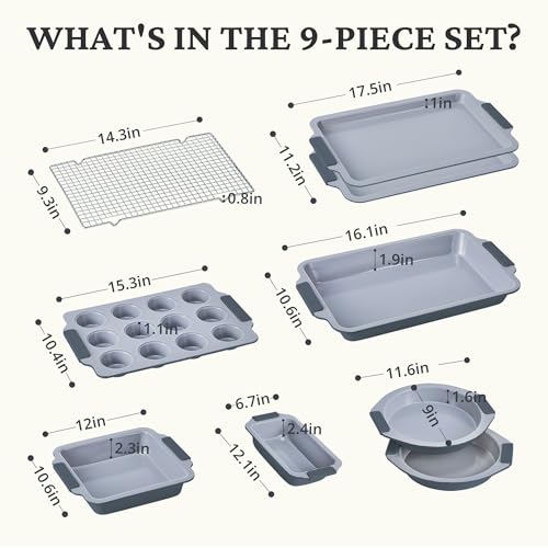 BRONYPRO Nonstick Ceramic Bakeware Set (9 Pieces),Heavy Duty Aluminized Steel Bakeware - Baking Set with Silicone Handles,Includes Sheet Pans,Loaf Pan,Muffin pan,Cake pans,PTFE & PFOA Free - Blue Gray