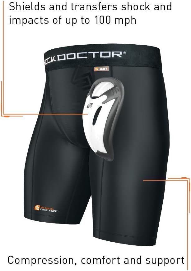 Shock Doctor Compression Shorts with Protective Bio-Flex Cup, Moisture Wicking Vented Protection, Youth Size