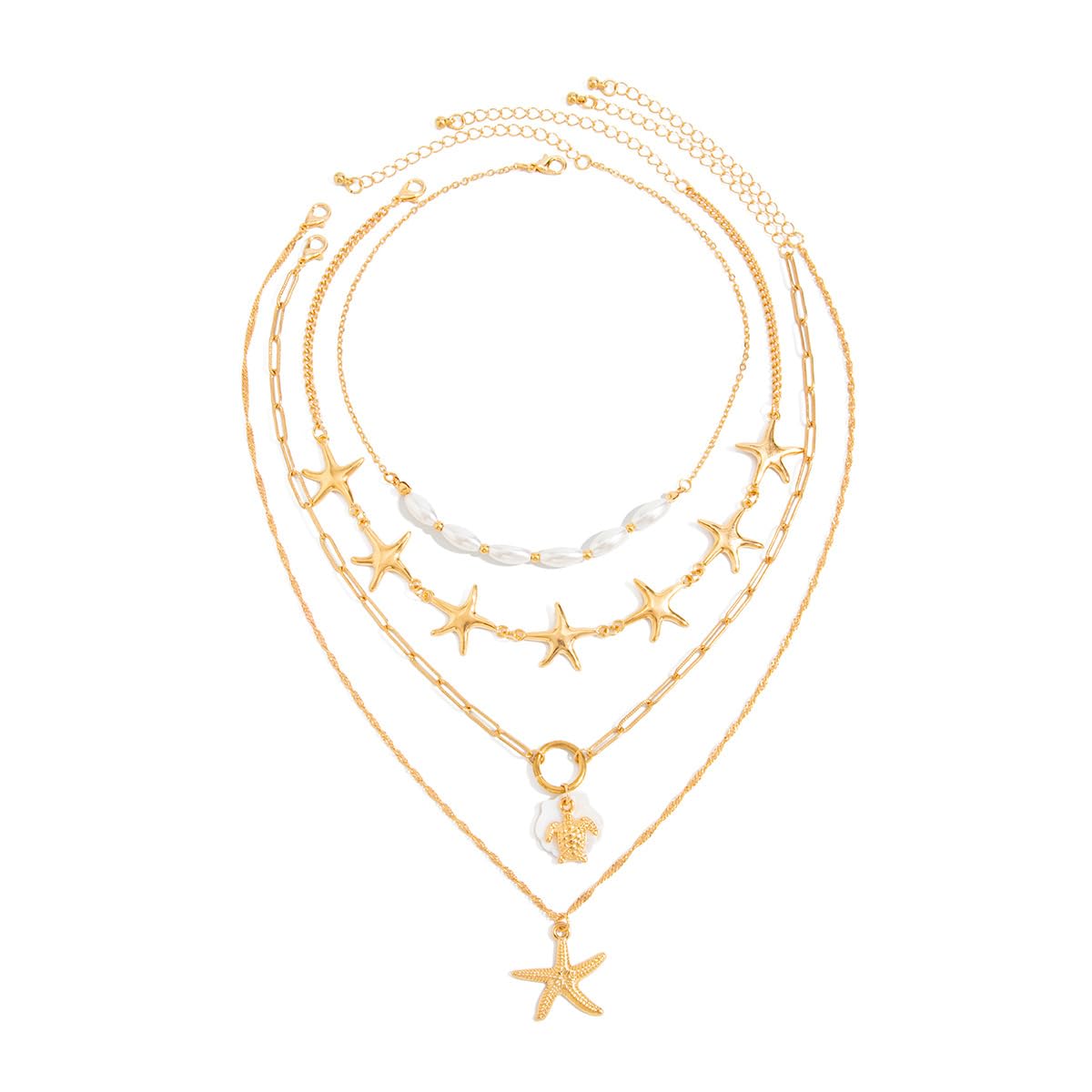 4PCS Layered Sea Turtle Starfish Pendant Necklace For Women Faux Pearl Coastal Beach Vacation Summer Choker Collar Gold Tone Ocean Jewelry Gift (Gold)