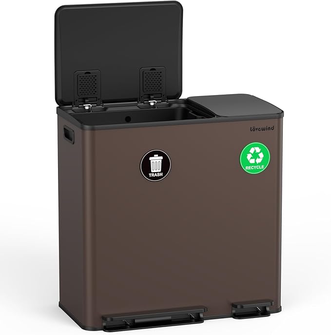 Lovewind Dual Trash Can, 14 + 6 Gallon Garbage Can for Kitchen Dual Compartment Recycling Kitchen Step Trash Bin, Stainless Steel Trash and Recycle Bin Combo with Soft-Close Lid, Brown