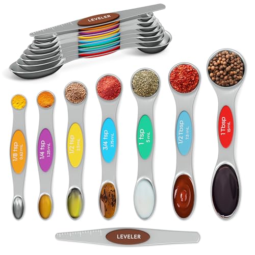 8 Pcs Magnetic Measuring Spoons Set Stainless Steel – Magnet Measuring Spoons 1/8 Tsp–1 Tbsp with Dual-Sided Design – Fits Narrow Spice Jars | Dry & Liquid Ingredients | Kitchen Ladle Gift Ideas