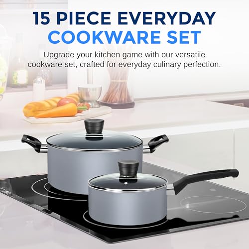 SereneLife Kitchenware Pots & Pans Basic Kitchen Cookware, Black Non-Stick Coating Inside, Heat Resistang Lacquer (11 Piece set), One Size, Gray