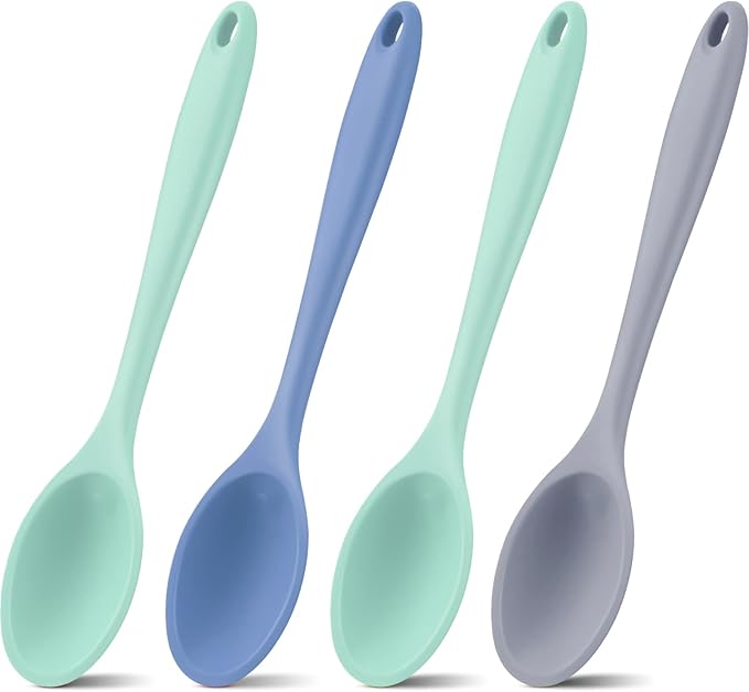 Shappy 4 Pieces Silicone Cooking Spoons 10.6 Inch Heat Resistant Kitchen Spoons for Mixing, Serving and Stirring Upgrade Large Non Stick Basting Utensils, Dishwasher Safe(Spoon,Fresh Color)