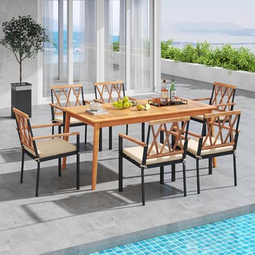 Tangkula 7 Piece Wood Outdoor Dining Set for 6, Rectangular Patio Acacia Wood Table Set with 6 Cushioned Chairs, Umbrella Hole, Heavy Duty Metal Frame for Deck Porch Backyard