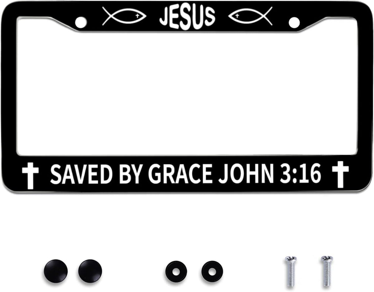 John 3:16 Jesus License Plate Frames Round Hole Personalise License Plate Frame Car Universal Accessories Stainless Steel Cars Decor 2 Holes and Screws Fits Standard US Vehicles Size 12.2 x 6 Inches