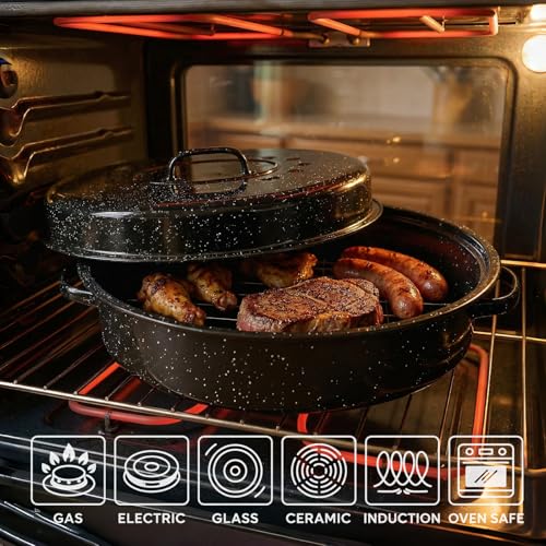 Oval Roasting Pan with Lid and Rack 18" Large Roaster Pan Set Comes With Lron Rack Enamel Cook Ware Dishwasher Compatibility Granite Oven Roaster