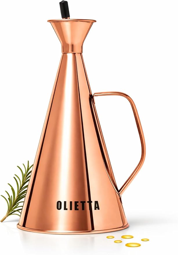 Olietta Olive Oil Dispenser Bottle Copper Stainless Steel Non Drip Leak Proof No Mess Vinegar Pourer & Kitchen Drizzler 25 oz 750ML 0.75 Litre Great for Pouring & Drizzling Easy to Clean & Leakproof