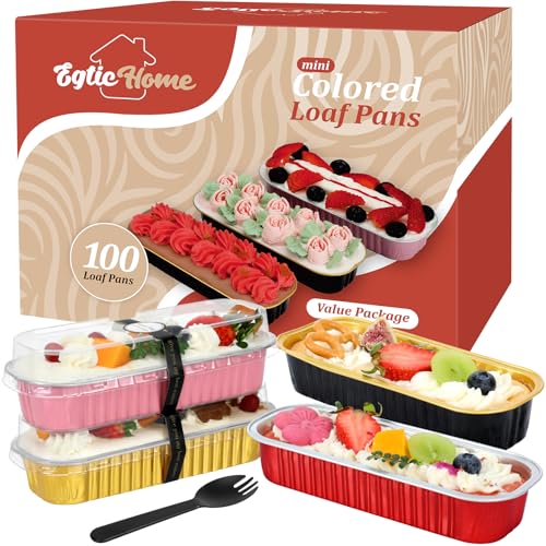 EgticHome Mini Loaf Pans with Lids and Spoons (100 Pack, Mixed color, 6.8oz) Rectangular Aluminum Foil Baking Pans
