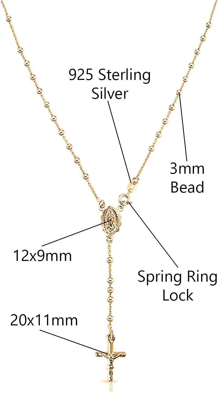Savlano 925 Sterling Silver Italian Solid Bead Chain Cross & Rosary Virgin Mary Pendant -18K Gold Plated Y Necklace Comes With Gift Box for Women - Made in Italy (24, 3mm)