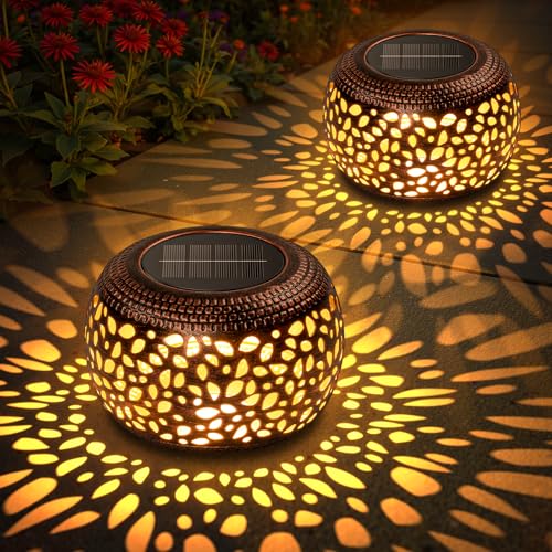 Solar Lanterns Outdoor Waterproof: 2 Pack Hollow Out Retro Metal Lantern Lights - Solar Lantern Decorative - Gardening Gifts for Women Mother's Day, Outside Garden Yard Patio & Indoor Tabletop Decor